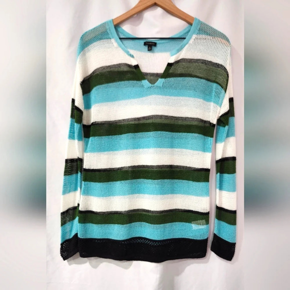 Talbots Womens Open Knit‎ Top Size M Linen Coastal Stripes Resort Cruise Beachy - Picture 1 of 7